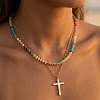 Stainless Steel Religion Cross Pendant Colorful Natural Gemstone Rondelle Beaded Double Layer Necklaces for Women CO5137-1