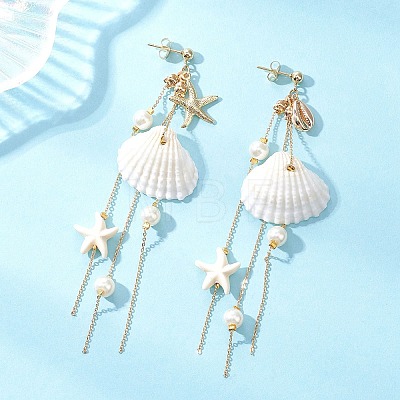 Brass Glass Pearl Shell Shape Dangle Stud Earrings EJEW-TA00764-1