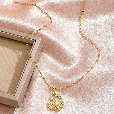 Mother's Day Brass Pave Cubic Zirconia Mama Heart with Butterfly Pendant 304 Stainless Steel Dapped Chain Necklaces for Women WG2F4E4-02-1