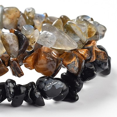 Chips Natural Labradorite & Snowflake Obsidian & Tiger Eye Beaded Stretch Bracelets Sets X-BJEW-JB05332-05-1