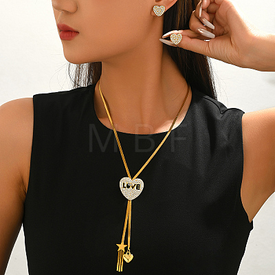 Alloy Rhinestone Heart LOVE Pendant Lariat Necklace & Stud Earrings for Women RE6970-1