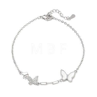 Brass Micro Pave Clear Cubic Zirconia White Butterfly Link Bracelets KK-CBA6980-21P-1