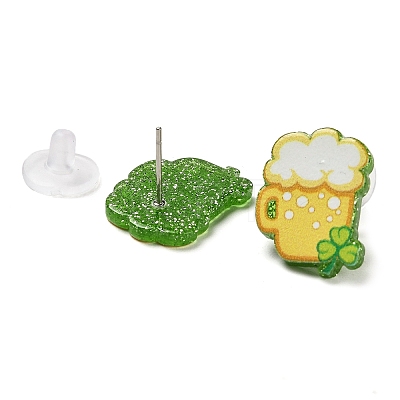 Saint Patrick's Day Theme Acrylic & 304 Stainless Steel Stud Earring for Women Men EJEW-H112-01D-1