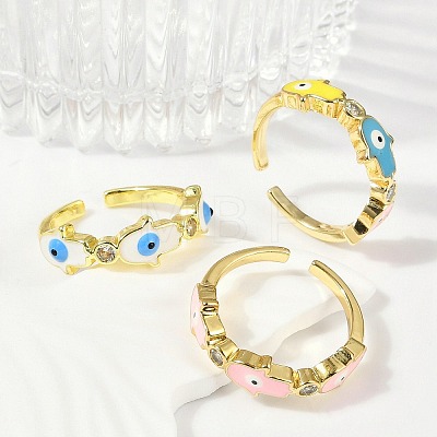Brass Micro Pave Clear Cubic Zirconia Enamel Cuff Rings for Women RJEW-L113-038G-1