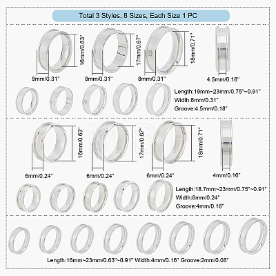 Unicraftale 24Pcs 24 Style 201 & 304 Stainless Steel Grooved Finger Ring Settings STAS-UN0044-15-1