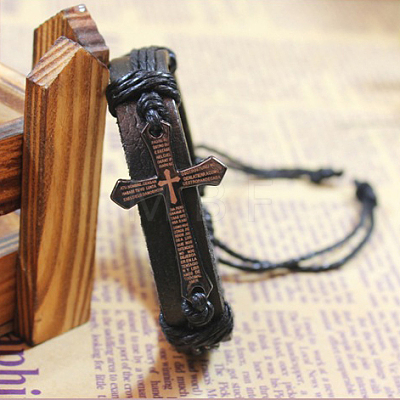 Adjustable Cross with Word Iron Braided Leather Cord Bracelets BJEW-P0001-02B-1