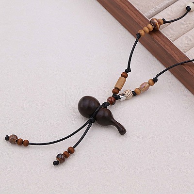 Wood Gourd Pendant Adjustable Braided Waxed Cord Necklaces with Porcelain Beads for Women WGF2CB3-01-1