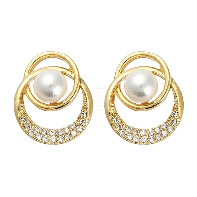 Flat Round Brass Micro Pave Clear Cubic Zirconia Stud Earring Findings KK-D102-09G-1