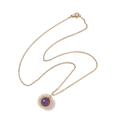 Natural Amethyst Copper Wire Wrapped Flower Pendant 304 Stainless Steel Cable Chain Necklaces for Women NJEW-JN05616-01-1