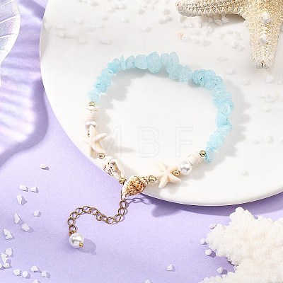 Beachy Natural white Jade Chip Beads & Synthetic Turquoise Charm Bracelets BJEW-JB14140-1