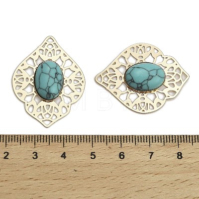 Brass Pave Dyed Synthetic Turquoise Rhombus Filigree Joiners KK-Z088-04G-01-1