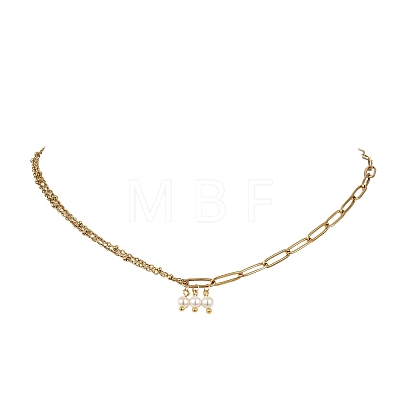 White Round Shell Pearl Pendant 304 Stainless Steel Mixed Chain Necklaces for Women NJEW-JN06101-1