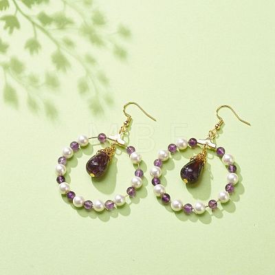 Shell Pearl & Natural Amethyst Beaded Big Ring with Teardrop Dangle Earrings EJEW-JE05044-1