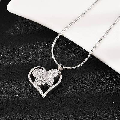 304 Stainless Steel Micro Pave Clear Cubic Zirconia Butterfly Heart Pendant Pet Urn Ashes Necklaces LS-NJEW-S455-10P-1