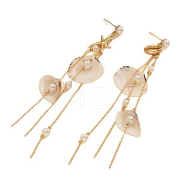 Shell Shape & Starfish 304 Stainless Steel Tassel Stud Dangle Earrings FS-WGDFBF8-01-1
