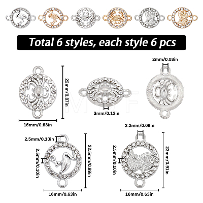 SUNNYCLUE 36Pcs 6 Styles Alloy Crystal Rhinestone Connector Charms FIND-SC0007-42-1