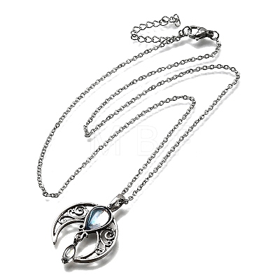 Bohemian Hollow Moon Zinc Alloy Pave Natural Moonstone Pendant Necklaces FS-WG20EBE-01-1