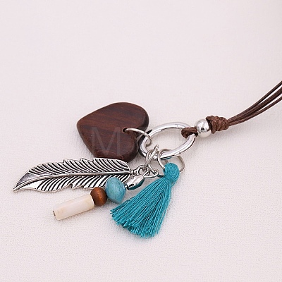 Boho Alloy Feather & Wood Heart Tassel Pendant Cotton Cord Necklaces for Women WG12080-01-1