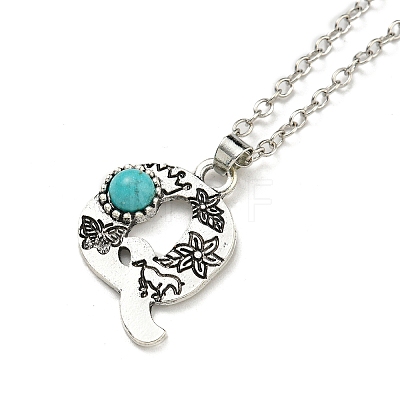 Letter A~Z Antique Silver Plated Alloy with Synthetic Turquoise Pendant Necklaces NJEW-G080-01Q-1