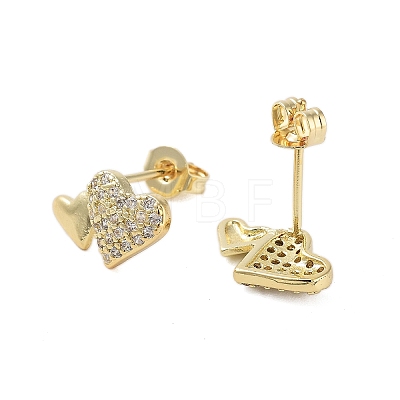 Brass Micro Pave Clear Cubic Zirconia Heart Stud Earrings for Women EJEW-A110-09G-1