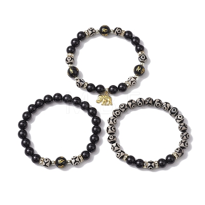 3Pcs 3 Styles 8mm Round Natural Tibetan 3-Eye dZi Agate & Eyeless Obsidian Beaded Stretch Bracelet Sets BJEW-JB10336-1