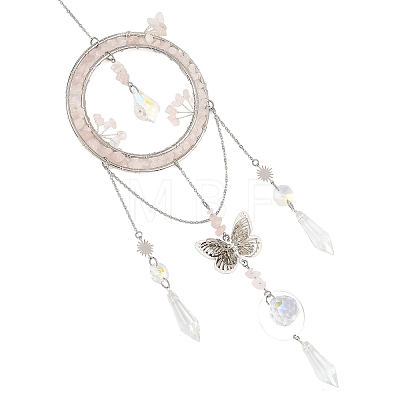 Natural Rose Quartz Chips & Metal Ring & Butterfly Suncatchers HJEW-TA00503-1