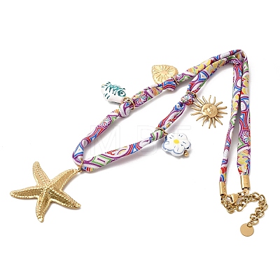 304 Stainless Steel Starfish Sun Heart & Ceramic Fish Flower Pendant Printed Polyester Cord Necklaces for Women NJEW-A063-08G-1