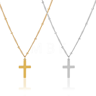 FIBLOOM 2Pcs 2 Colors 304 Stainless Steel Cross Pendant Necklace with Satellite Chains NJEW-FI0001-48-1
