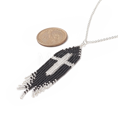 Glass Seed Beaded Cross Tassel Pendant Necklaces NJEW-MZ00011-02-1