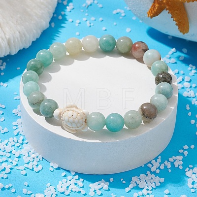 Natural Flower Amazonite Round & Synthetic Turquoise Turtle Beaded Stretch Bracelet for Women BJEW-JB09700-01-1