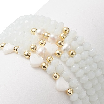 6Pcs 6 Style Natural Shell & Glass Star & Round Beaded Stretch Bracelets Set for Women BJEW-JB09945-01-1