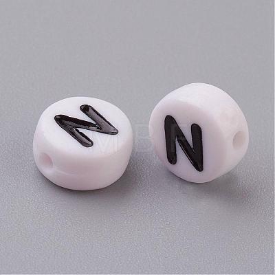 Flat Round with Letter N Acrylic Beads X-PL37C9070-N-1