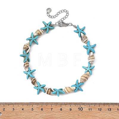 Ocean Natural Shell & Dyed Synthetic Turquoise Starfish Beaded Anklets for Women AJEW-AN00829-1