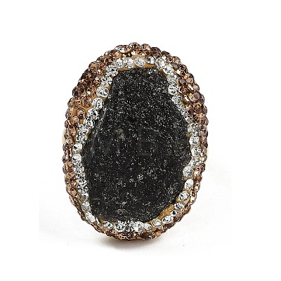 Oval Natural Tektite & Rhinestone Finger Rings RJEW-P128-02G-1