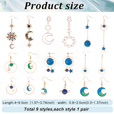 9 Pairs 9 Style Rhinestone Sun & Moon & Star & Planet Enamel Asymmetrical Earrings EJEW-AN0002-14-1