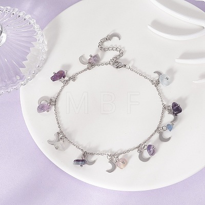 Natural Fluorite Chips & Moon Charms Anklet AJEW-AN00512-06-1