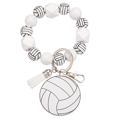 1Pc Printed Acrylic & Faux Suede Tassel Pendant & Wood Bead Keychains HJEW-SP0001-86C-1