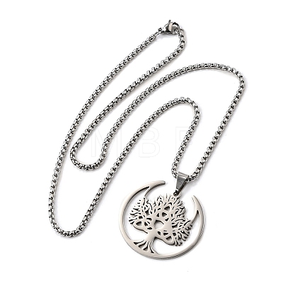 Tree of Life 201 Stainless Steel Crescent Moon Tree of Life Pendant Necklaces for Women NJEW-M105-06P-1