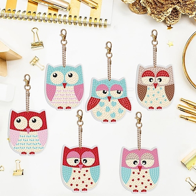 6Pcs DIY Diamond Painting Owl Keychain Kits PW-WG37898-01-1