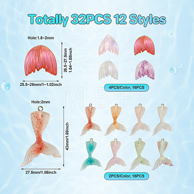 32Pcs 12 Styles Fishtail Shape Transparent Acrylic & Resin Pendants TACR-TA0001-16-1