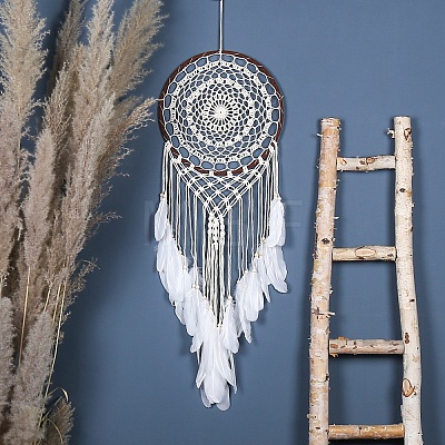 Iron Bohemian Woven Web/Net with Feather Macrame Wall Hanging Decorations PW-WG35995-01-1