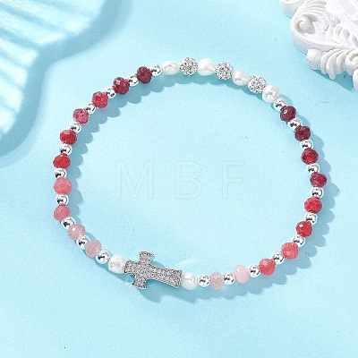 Dyed Natural Malaysia Jade Rondelle & Cultured Freshwater Pearl Beaded Stretch Bracelets BJEW-JB13380-01-1