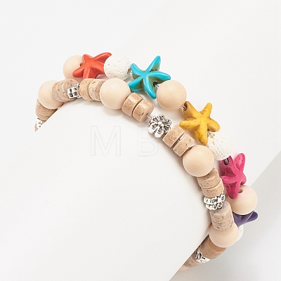 2Pcs 2 Style Starfish & Tortoise & Flower Beaded Stretch Bracelets Set BJEW-JB08027-1