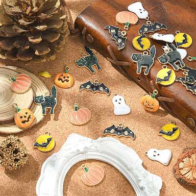 30Pcs 6 Styles Halloween Rack Plating Alloy Enamel Pendants PALLOY-CJ0002-32-1