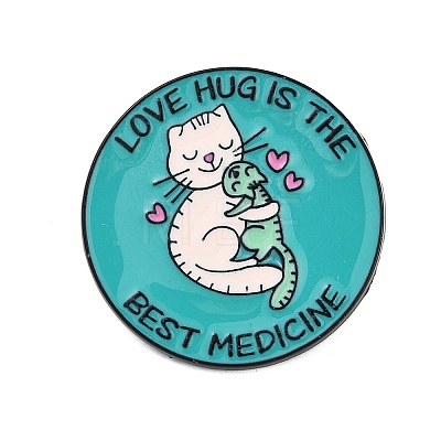 Flat Round with Cat & Word Love Hug Is The Best Medicine Enamel Pins JEWB-Q014-02A-1