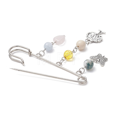 Natural & Synthetic Mixed Gemstone Heart & Butterfly & Tree Charms Safety Pin Brooch JEWB-BR00100-1