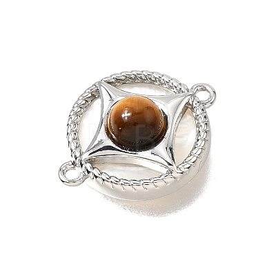 Natural Tiger Eye & Natural Shell Brass Flat Round Links Connector Charms KK-N289-16P-01-1