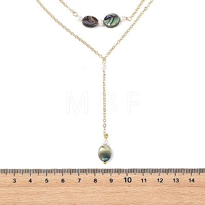 Natural Paua Shell Geometric Y Pendant Brass Double Layered Necklaces NJEW-JN06532-01-1