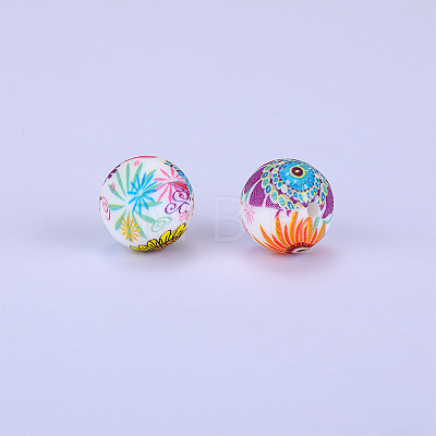 Printed Round with Flower Pattern Silicone Focal Beads SI-JX0056A-172-1