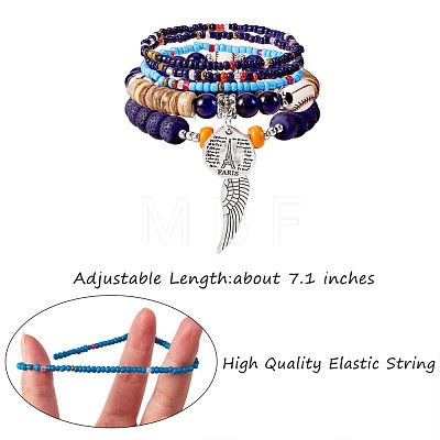 5Pcs 5 Style Wood & Glass Seed & Acrylic Beaded Stretch Bracelets Set with Baseball JB709E-1